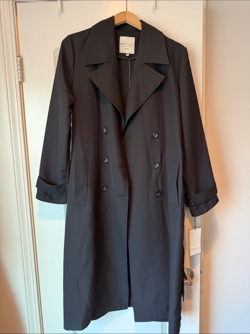 bagatelle Black Double-Breasted Trench Coat with Wide Lapel